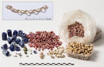 Figure 5. Glass and copper beads and seashells (<i>Pusula depauperata</i>), as well as a gold chain; tomb 8 (female, 40–60 years old), Kindoki (pictures made at the Royal Institute for Cultural Heritage (IRPA/KIK)—Brussels).